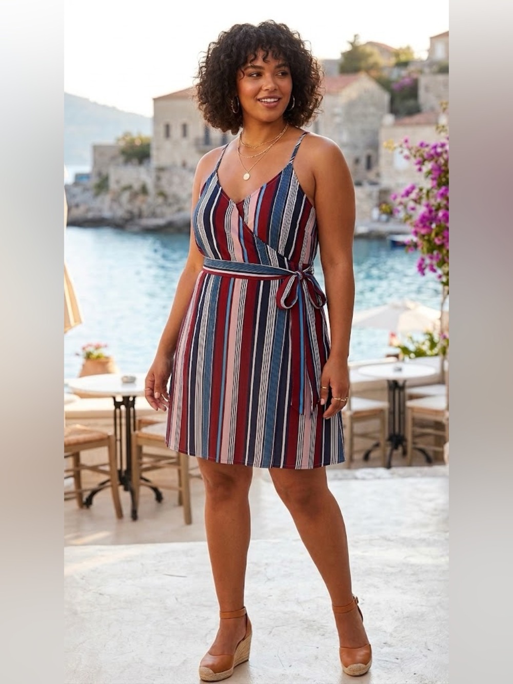 Striped Wrap-Front Spaghetti Strap Dress in Navy & Burgundy